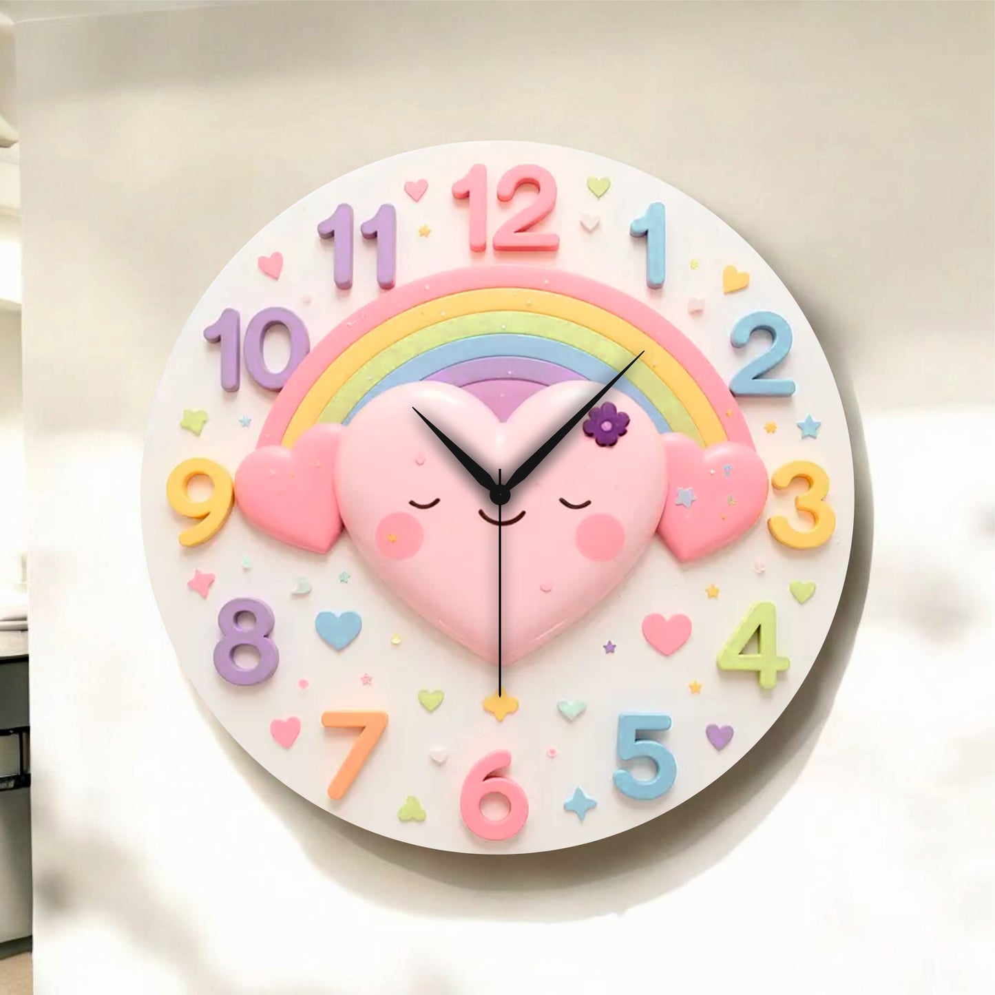 Renkli Baskı Kalp Çocuk Desenli Sayılı Hediyelik Ahşap Sessiz Tablo Duvar Saati