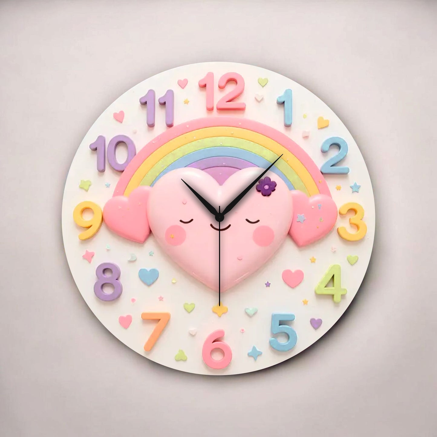 Renkli Baskı Kalp Çocuk Desenli Sayılı Hediyelik Ahşap Sessiz Tablo Duvar Saati