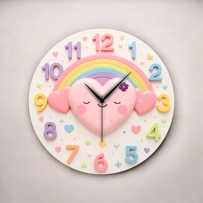 Renkli Baskı Kalp Çocuk Desenli Sayılı Hediyelik Ahşap Sessiz Tablo Duvar Saati