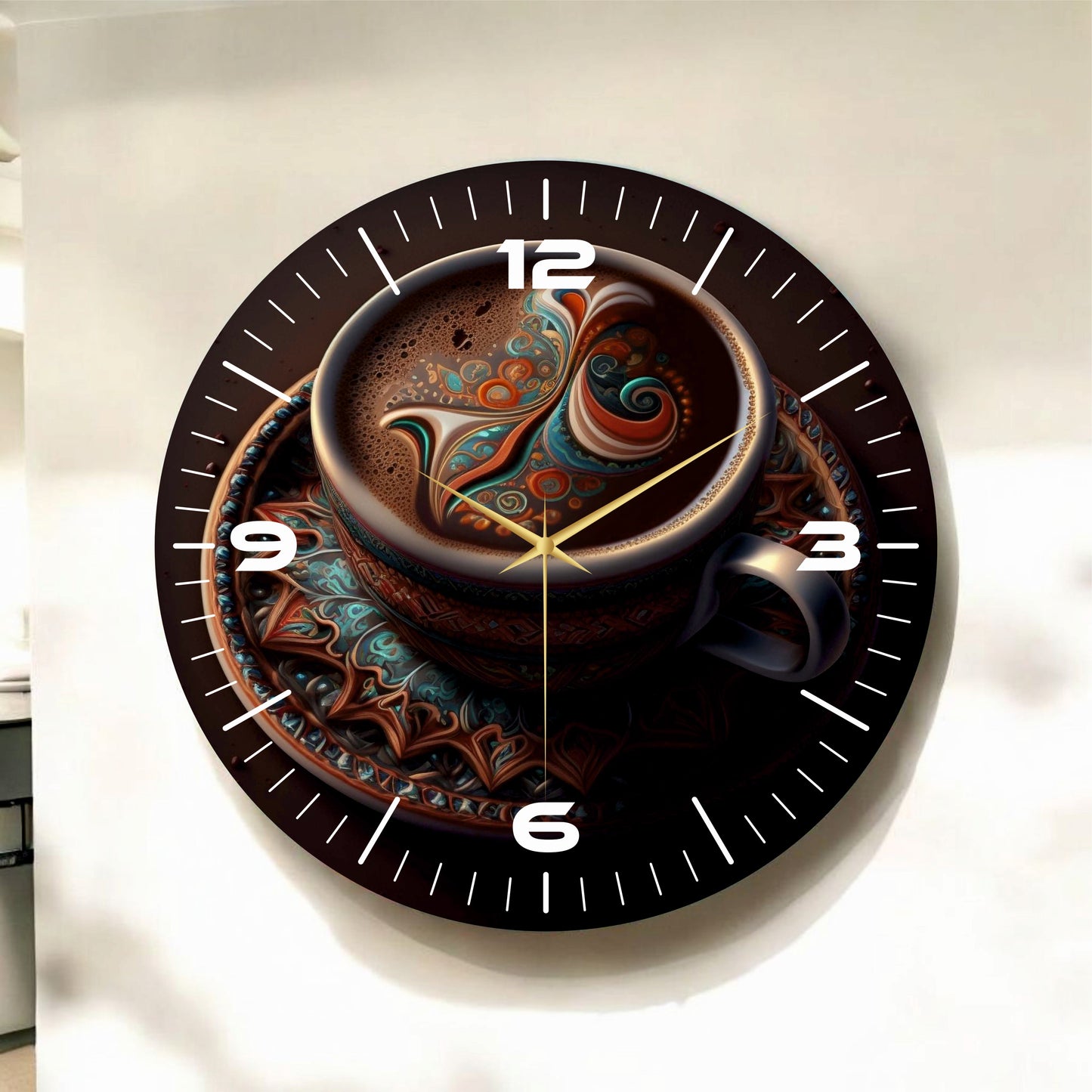 Renkli Baskı Kahve Desenli Sayılı Hediyelik Ahşap Sessiz Tablo Duvar Saati