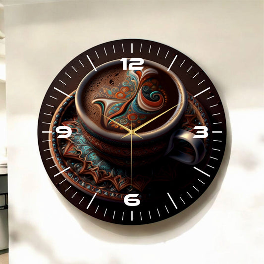 Renkli Baskı Kahve Desenli Sayılı Hediyelik Ahşap Sessiz Tablo Duvar Saati
