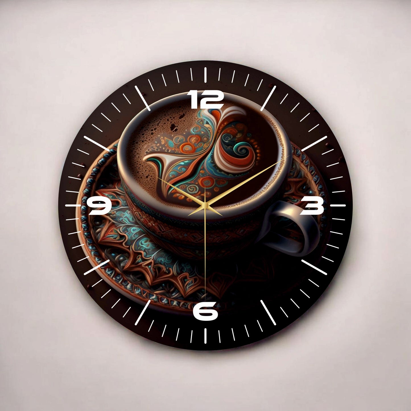 Renkli Baskı Kahve Desenli Sayılı Hediyelik Ahşap Sessiz Tablo Duvar Saati