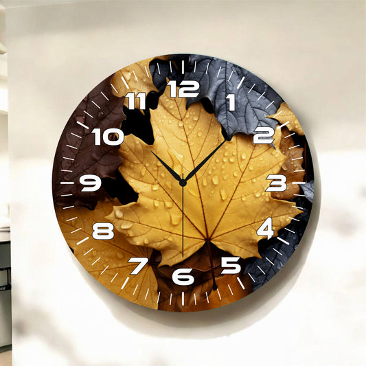 Sarı Siyah Renkli Baskı Yaprak Desenli Sayılı Hediyelik Ahşap Sessiz Tablo Duvar Saati