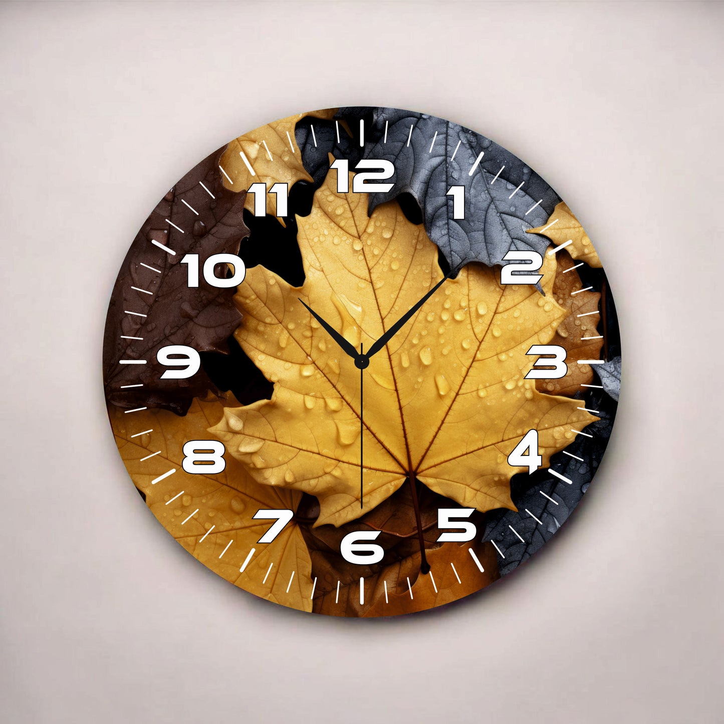 Sarı Siyah Renkli Baskı Yaprak Desenli Sayılı Hediyelik Ahşap Sessiz Tablo Duvar Saati