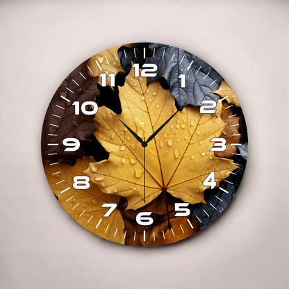 Sarı Siyah Renkli Baskı Yaprak Desenli Sayılı Hediyelik Ahşap Sessiz Tablo Duvar Saati