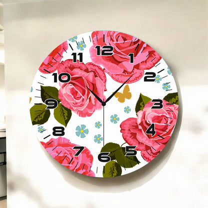 Pembe Renkli Baskı Gül Çiçeği Desenli Sayılı Hediyelik Ahşap Sessiz Tablo Duvar Saati
