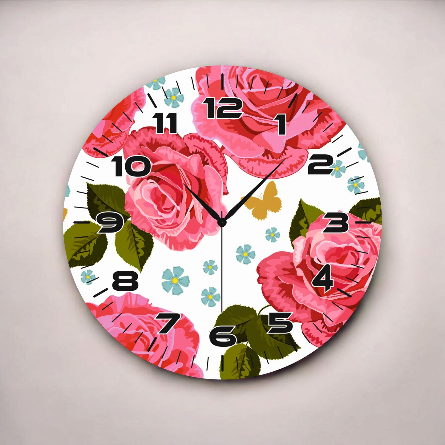 Pembe Renkli Baskı Gül Çiçeği Desenli Sayılı Hediyelik Ahşap Sessiz Tablo Duvar Saati