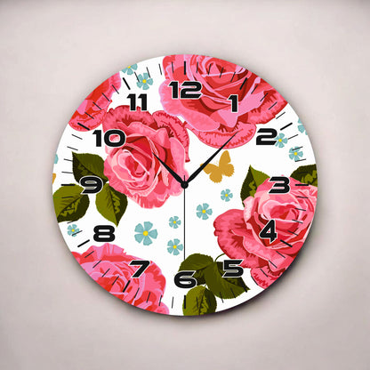 Pembe Renkli Baskı Gül Çiçeği Desenli Sayılı Hediyelik Ahşap Sessiz Tablo Duvar Saati