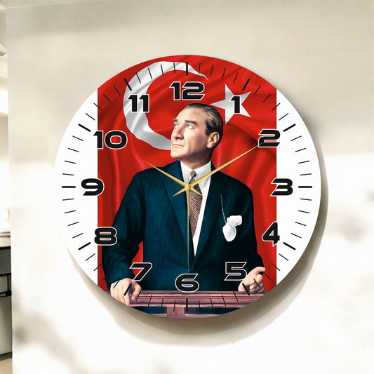 Renkli Baskı Atatürk Türk Bayrak Desenli Sayılı Hediyelik Ahşap Sessiz Tablo Duvar Saati