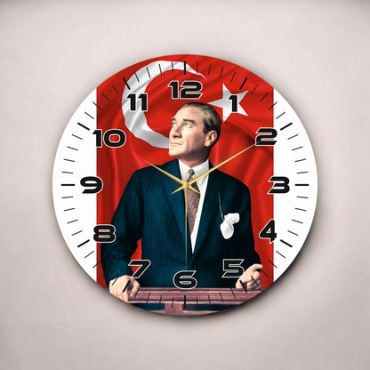 Renkli Baskı Atatürk Türk Bayrak Desenli Sayılı Hediyelik Ahşap Sessiz Tablo Duvar Saati