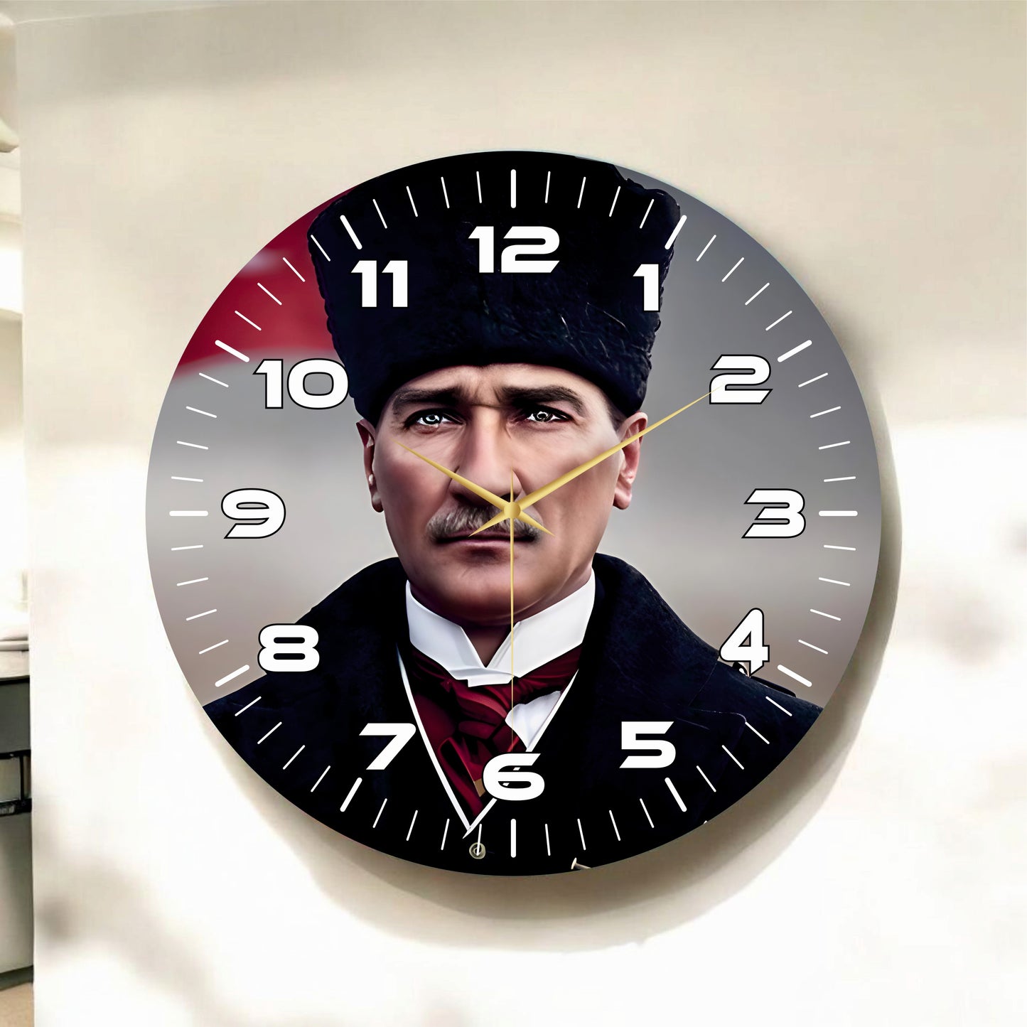 Renkli Baskı Atatürk Desenli Sayılı Hediyelik Ahşap Sessiz Tablo Duvar Saati 45cm