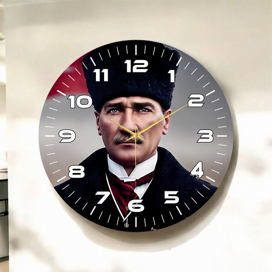 Renkli Baskı Atatürk Desenli Sayılı Hediyelik Ahşap Sessiz Tablo Duvar Saati 45cm