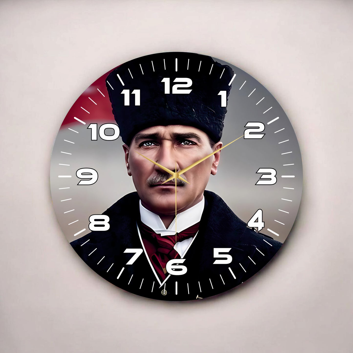 Renkli Baskı Atatürk Desenli Sayılı Hediyelik Ahşap Sessiz Tablo Duvar Saati 45cm