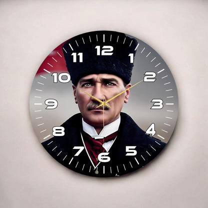 Renkli Baskı Atatürk Desenli Sayılı Hediyelik Ahşap Sessiz Tablo Duvar Saati 45cm