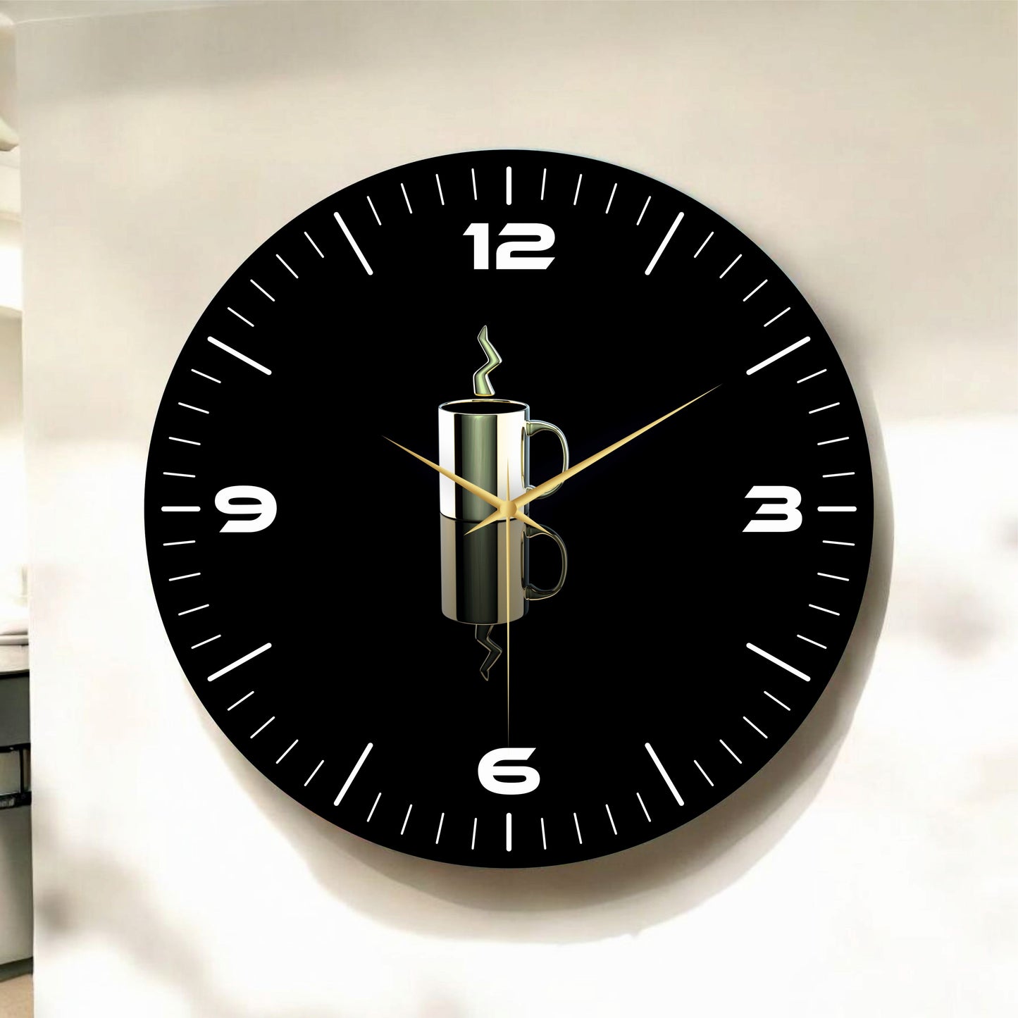 Renkli Baskı Kahve Fincan Desenli Sayılı Hediyelik Ahşap Sessiz Tablo Duvar Saati