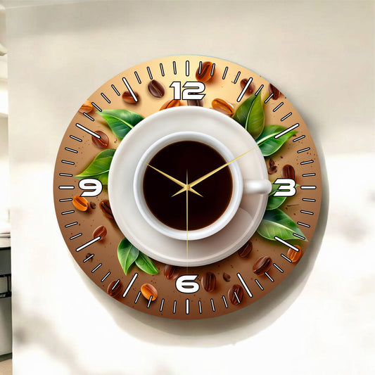 Kahve Temalı Renkli Baskı Kahve Çekirdekleri Desenli Sayılı Hediyelik Ahşap Sessiz Duvar Saati