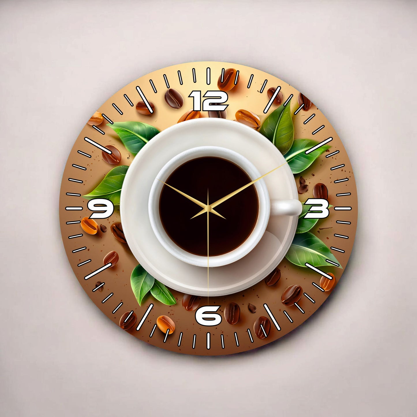 Kahve Temalı Renkli Baskı Kahve Çekirdekleri Desenli Sayılı Hediyelik Ahşap Sessiz Duvar Saati