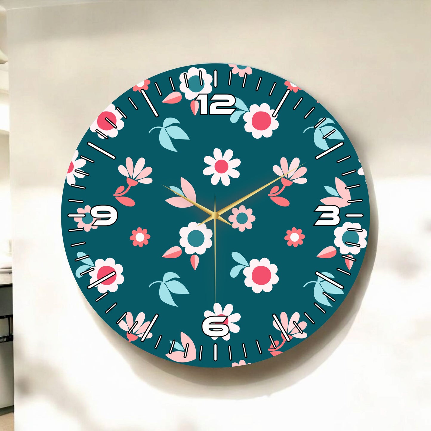 Renkli Baskı Çiçek Desenli Sayılı Hediyelik Ahşap Sessiz Tablo Duvar Saati