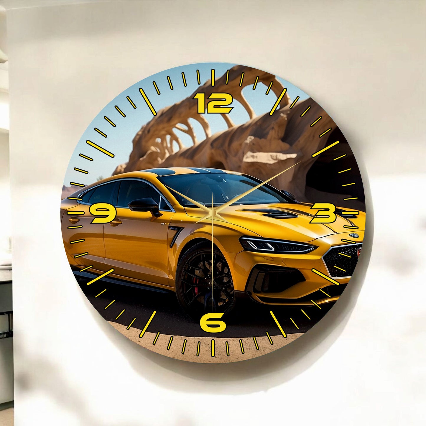 Renkli Baskı Sarı Araba Desenli Sayılı Hediyelik Ahşap Sessiz Tablo Duvar Saati