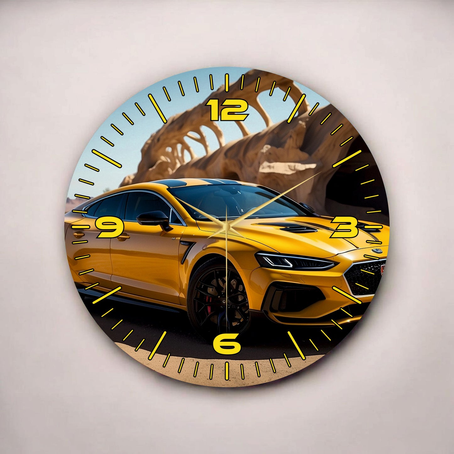 Renkli Baskı Sarı Araba Desenli Sayılı Hediyelik Ahşap Sessiz Tablo Duvar Saati