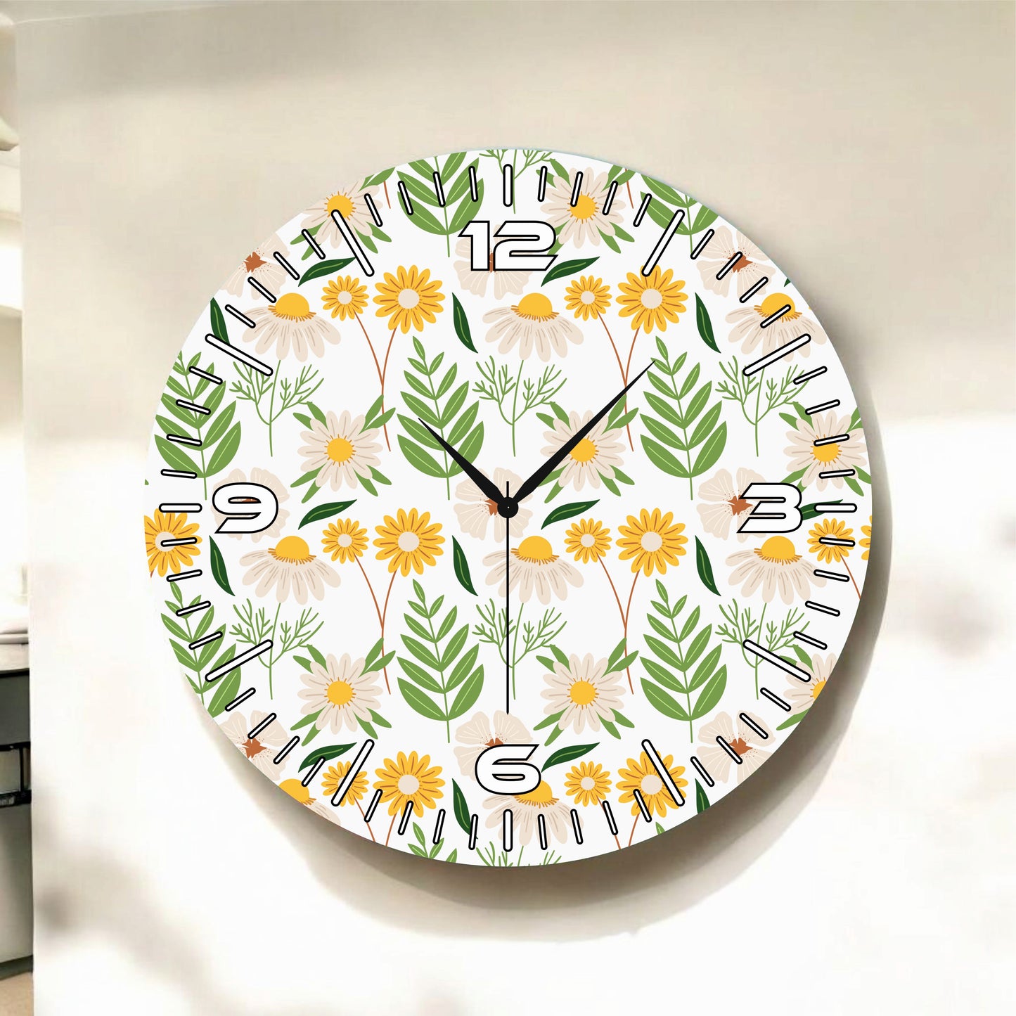 Renkli Baskı Çiçek Desenli Sayılı Hediyelik Ahşap Sessiz Tablo Duvar Saati