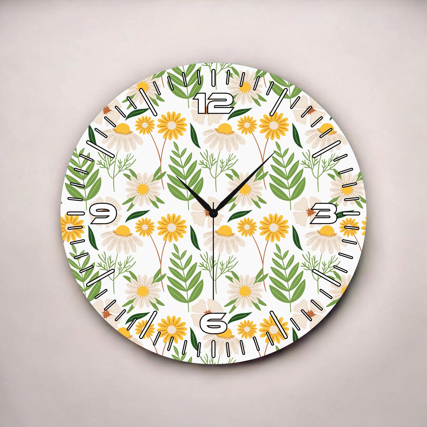 Renkli Baskı Çiçek Desenli Sayılı Hediyelik Ahşap Sessiz Tablo Duvar Saati