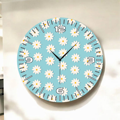 Mavi Renkli Baskı Papatya Çiçek Desenli Sayılı Hediyelik Ahşap Sessiz Tablo Duvar Saati