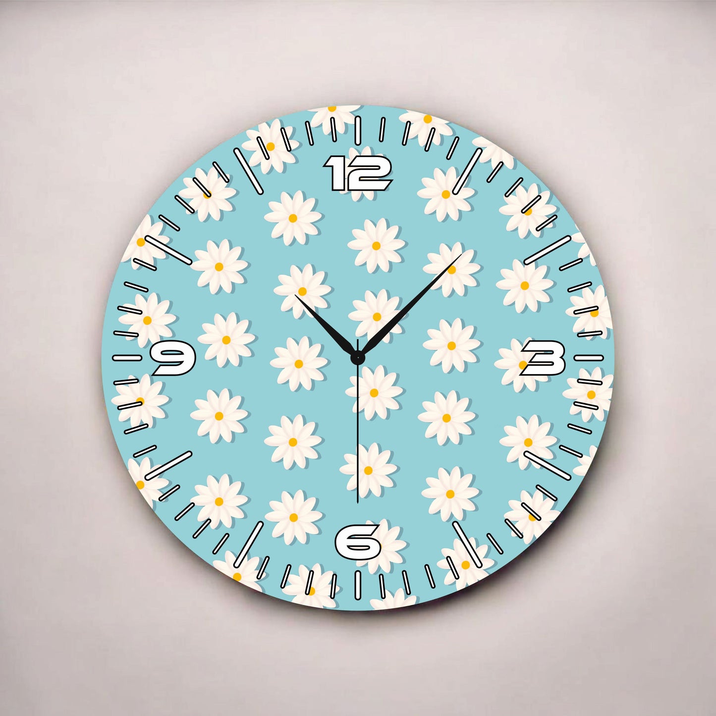 Mavi Renkli Baskı Papatya Çiçek Desenli Sayılı Hediyelik Ahşap Sessiz Tablo Duvar Saati