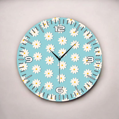 Mavi Renkli Baskı Papatya Çiçek Desenli Sayılı Hediyelik Ahşap Sessiz Tablo Duvar Saati