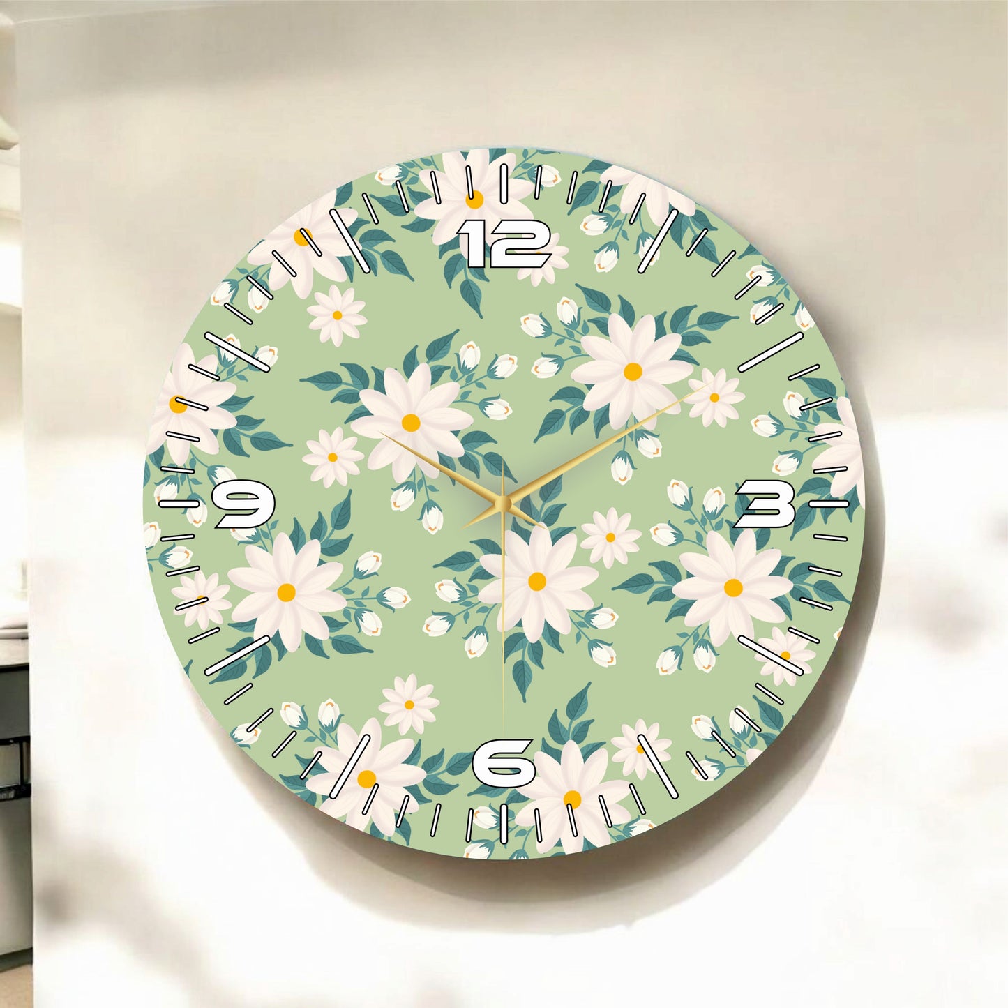 Renkli Baskı Çiçek Papatya Desenli Sayılı Hediyelik Ahşap Sessiz Tablo Duvar Saati