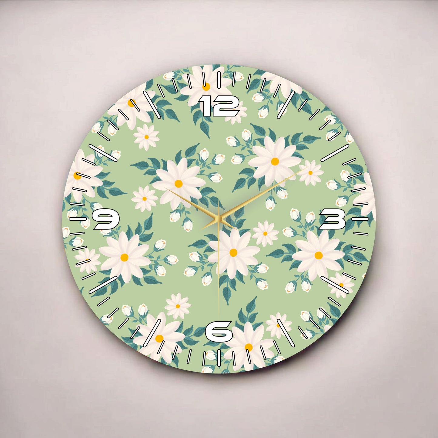 Renkli Baskı Çiçek Papatya Desenli Sayılı Hediyelik Ahşap Sessiz Tablo Duvar Saati