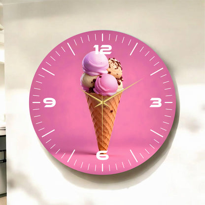 Pembe Renkli Baskı Dondurma Desenli Sayılı Hediyelik Ahşap Sessiz Tablo Duvar Saati 50cm