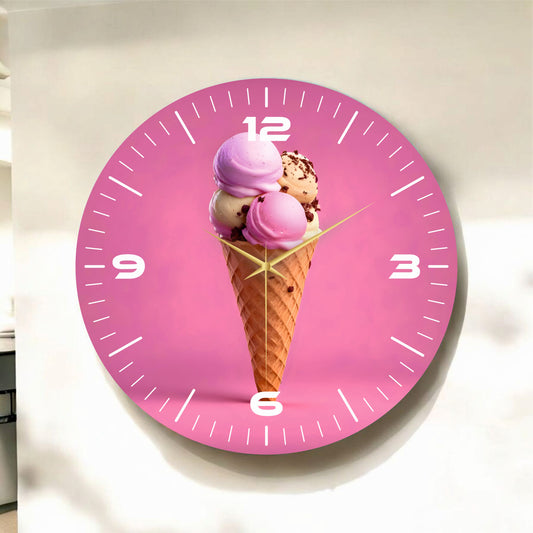 Pembe Renkli Baskı Dondurma Desenli Sayılı Hediyelik Ahşap Sessiz Tablo Duvar Saati 50cm