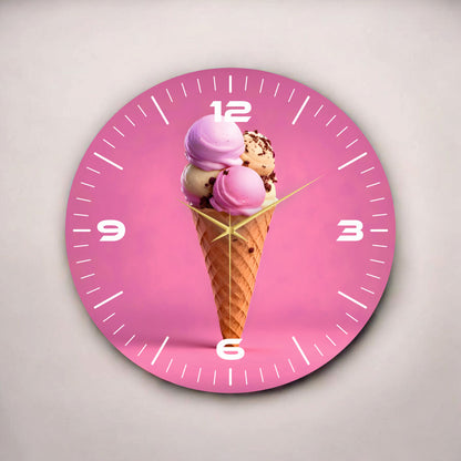 Pembe Renkli Baskı Dondurma Desenli Sayılı Hediyelik Ahşap Sessiz Tablo Duvar Saati 50cm