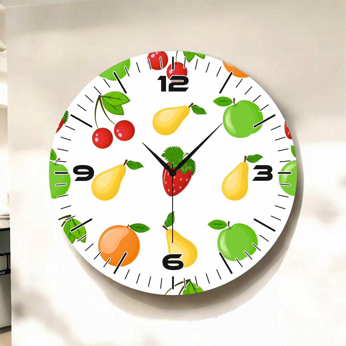 Renkli Baskı Meyve Desenli Sayılı Hediyelik Ahşap Sessiz Tablo Duvar Saati