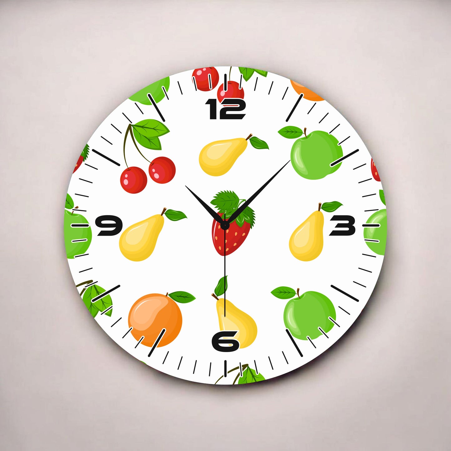 Renkli Baskı Meyve Desenli Sayılı Hediyelik Ahşap Sessiz Tablo Duvar Saati