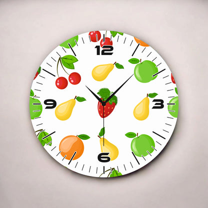 Renkli Baskı Meyve Desenli Sayılı Hediyelik Ahşap Sessiz Tablo Duvar Saati