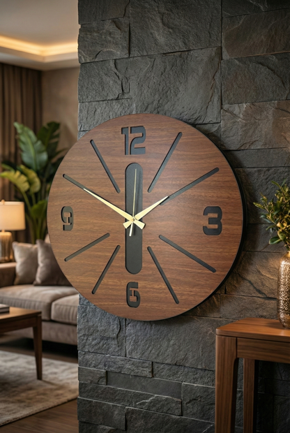 Ahşap Ceviz Mobilya Renk Desenli Hediyelik Sessiz Duvar Saati 50cm