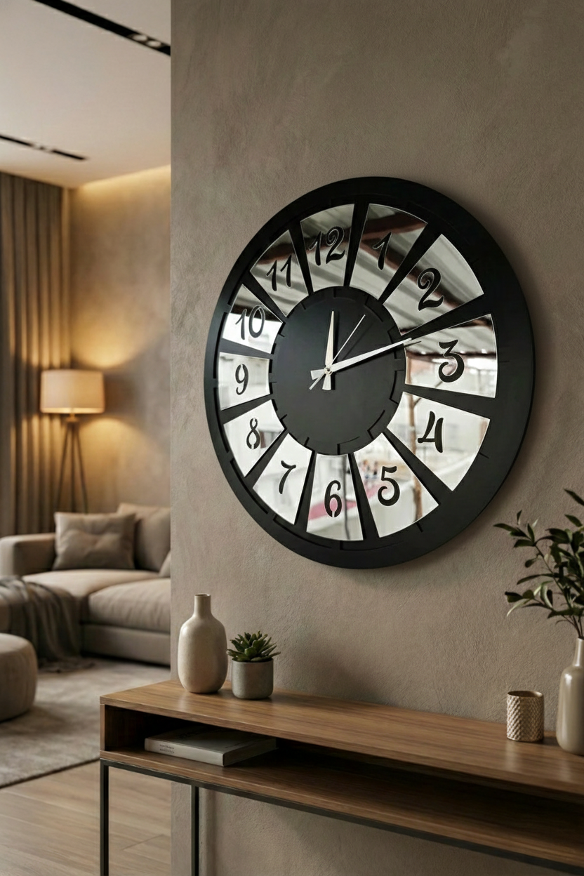 Ahşap Ceviz Mobilya Renk Desenli Hediyelik Sessiz Duvar Saati 50cm