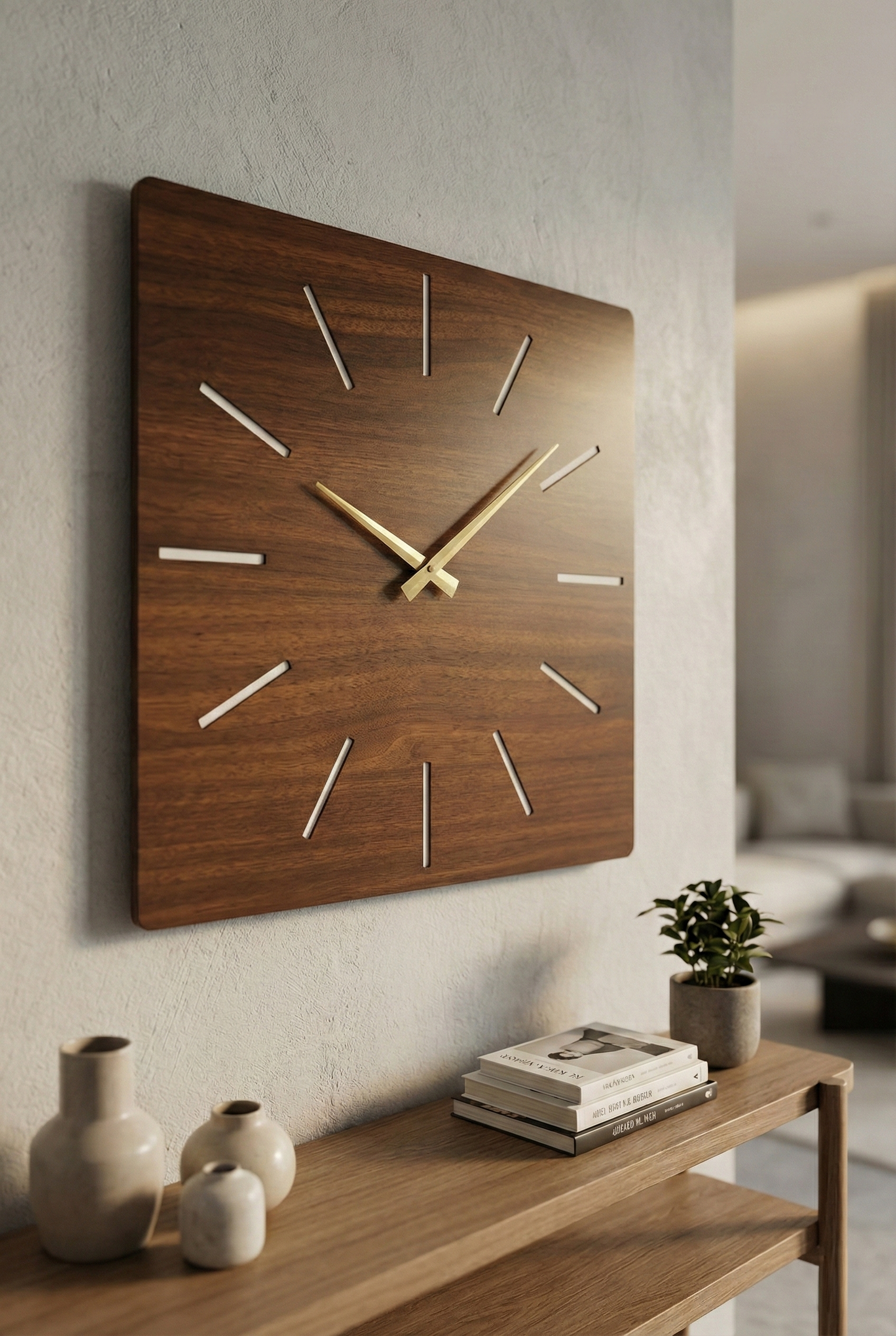 Ahşap Ceviz Mobilya Renk Desenli Hediyelik Sessiz Duvar Saati 50cm