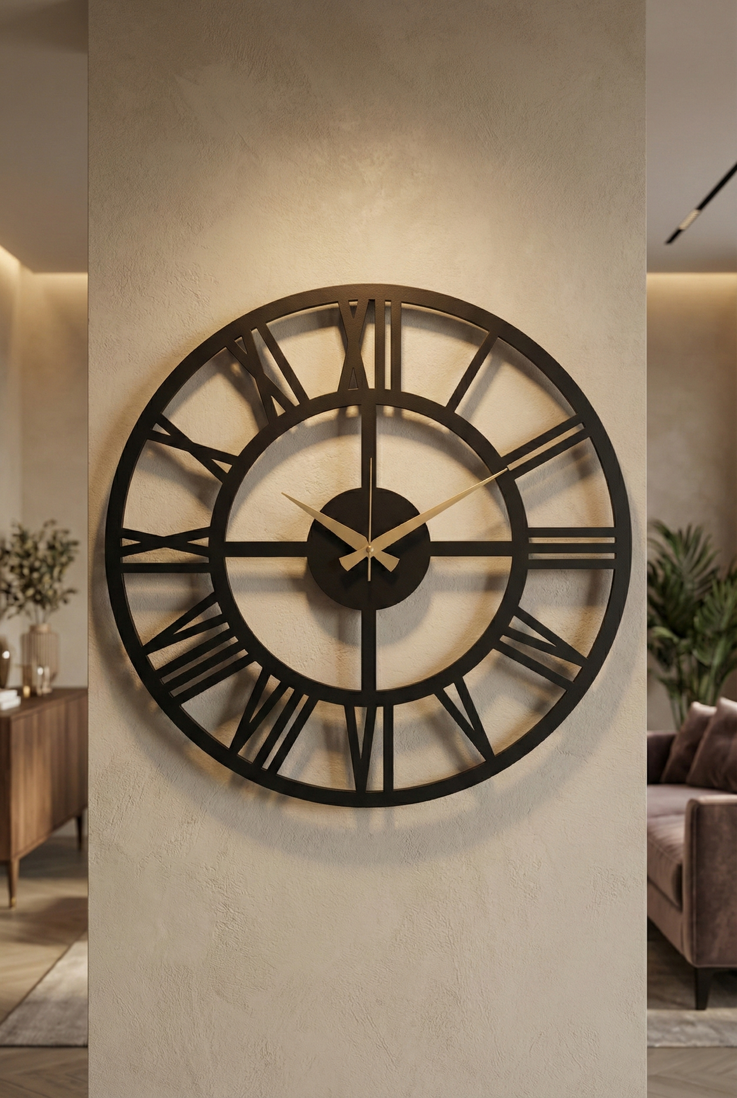 Ahşap Ceviz Mobilya Renk Desenli Hediyelik Sessiz Duvar Saati 50cm