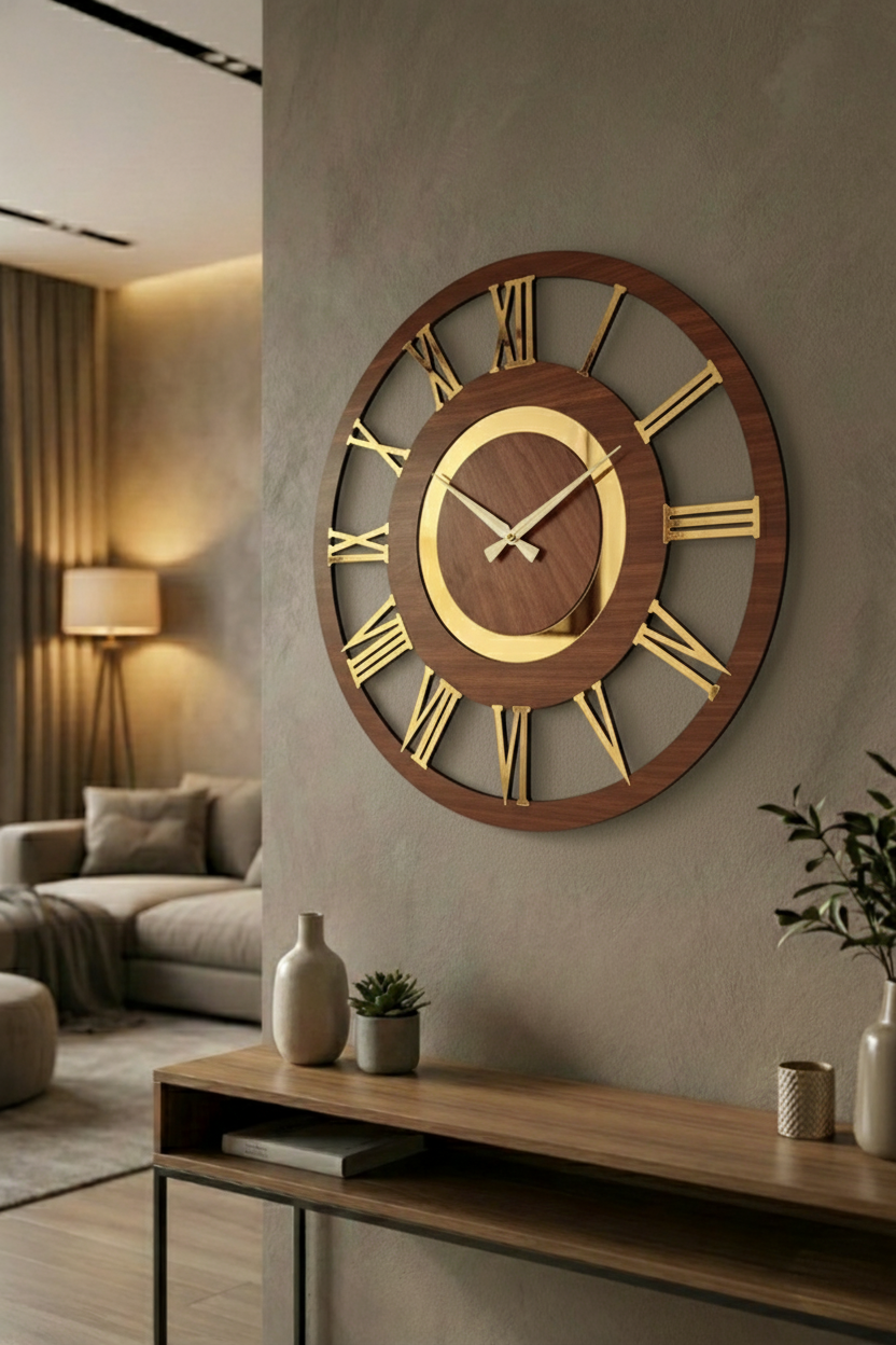 Ahşap Ceviz Mobilya Renk Desenli Hediyelik Sessiz Duvar Saati 50cm