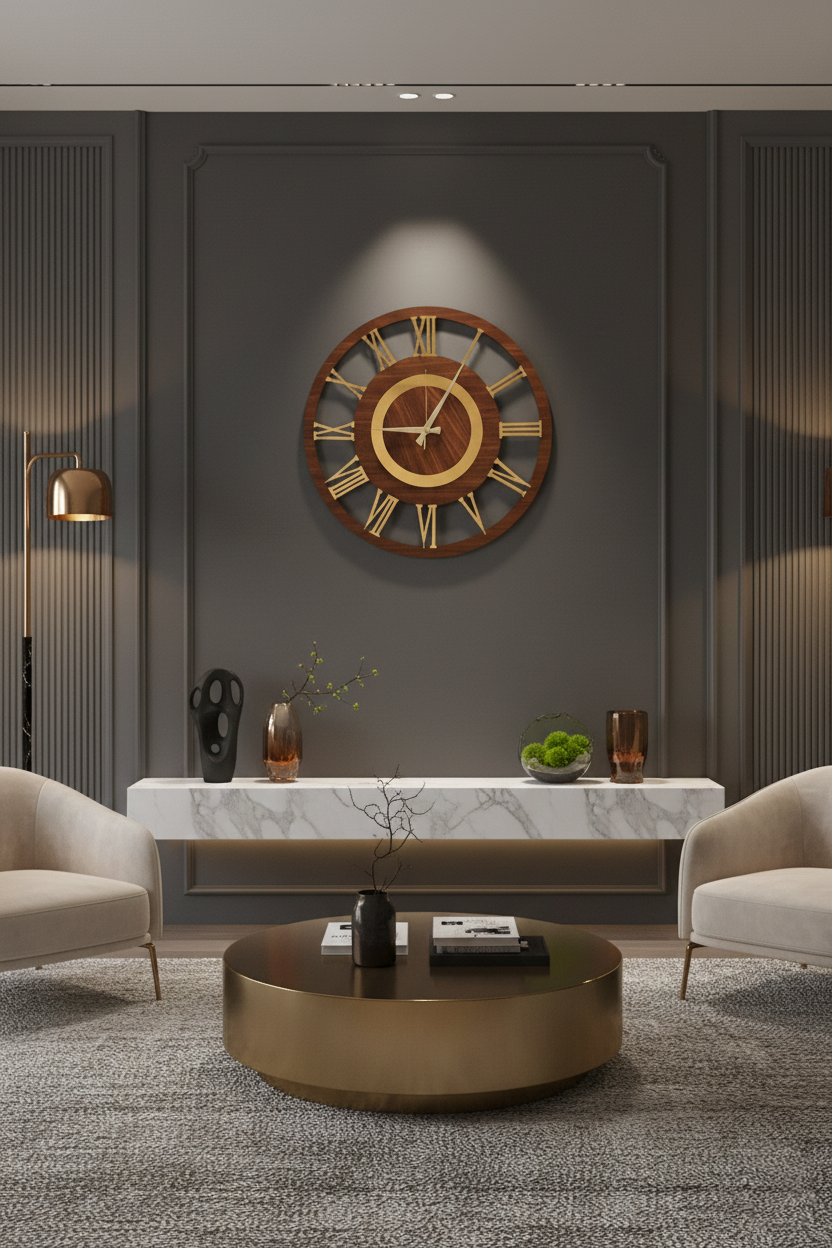 Ahşap Ceviz Mobilya Renk Desenli Hediyelik Sessiz Duvar Saati 50cm