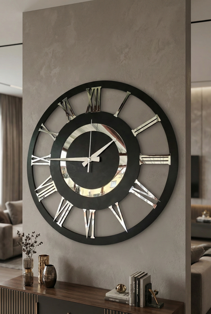 Ahşap Ceviz Mobilya Renk Desenli Hediyelik Sessiz Duvar Saati 50cm