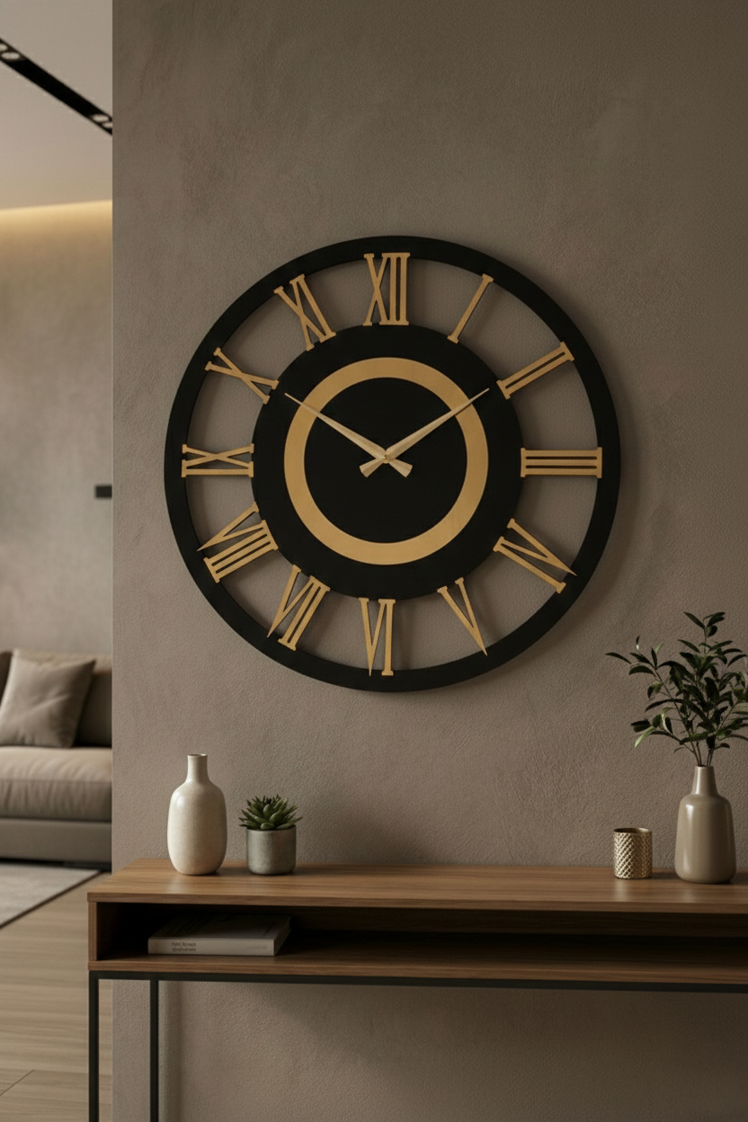 Ahşap Ceviz Mobilya Renk Desenli Hediyelik Sessiz Duvar Saati 50cm