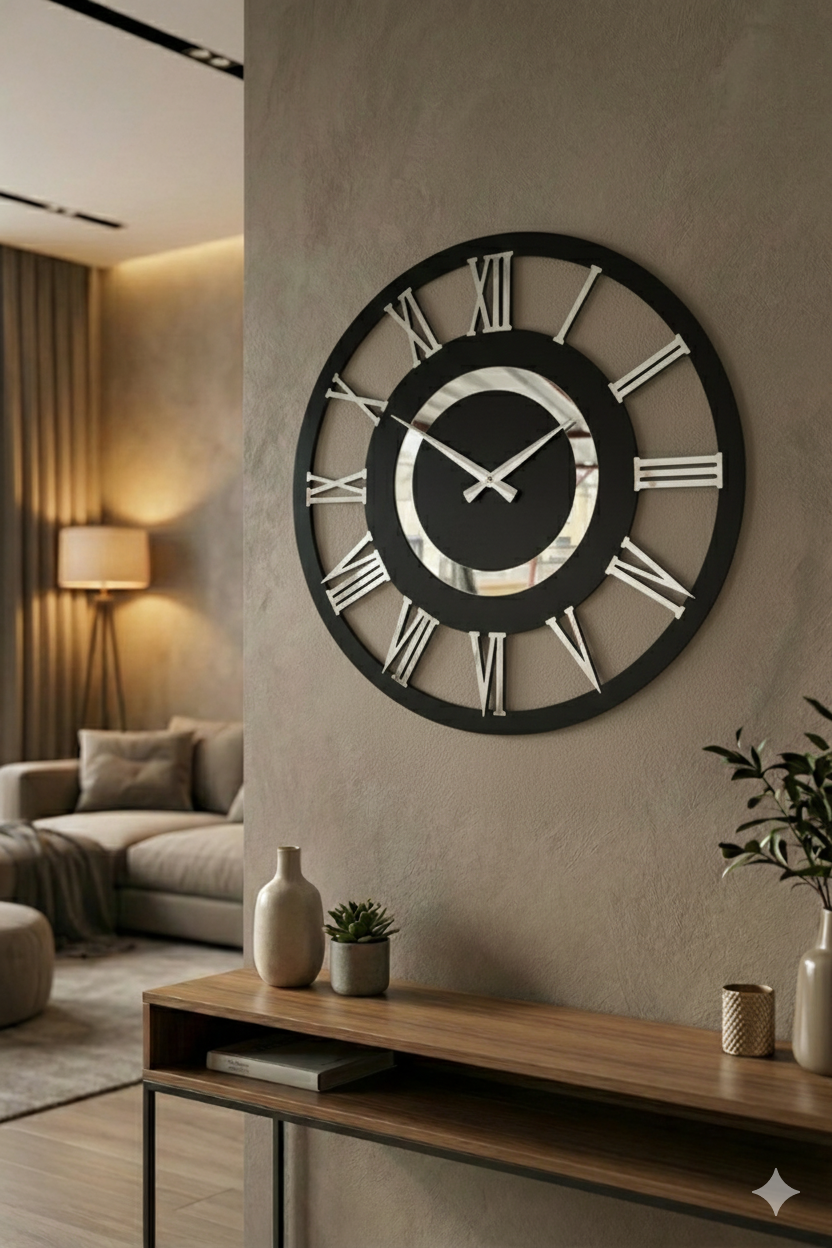 Ahşap Ceviz Mobilya Renk Desenli Hediyelik Sessiz Duvar Saati 50cm