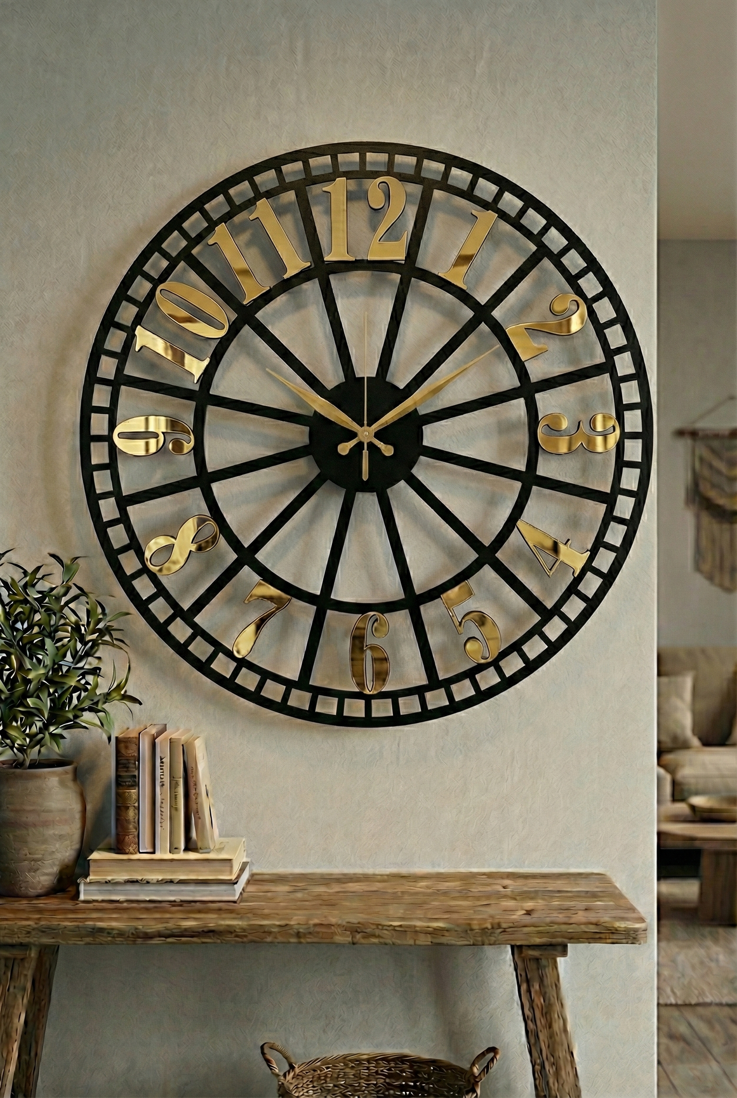 Ahşap Ceviz Mobilya Renk Desenli Hediyelik Sessiz Duvar Saati 50cm