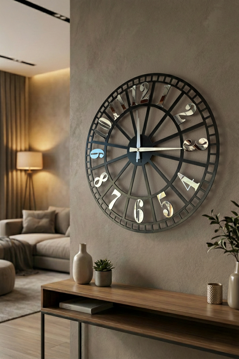 Ahşap Ceviz Mobilya Renk Desenli Hediyelik Sessiz Duvar Saati 50cm