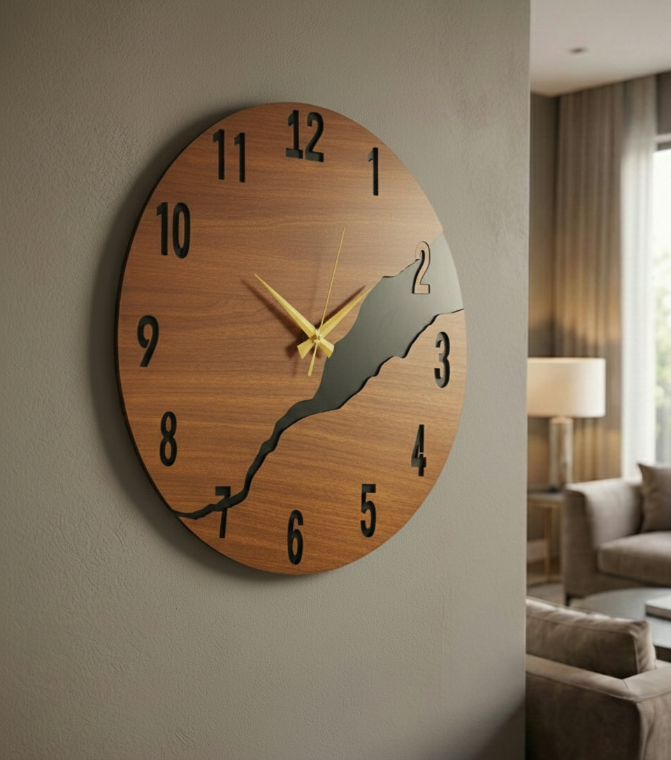 Ahşap Ceviz Mobilya Renk Desenli Hediyelik Sessiz Duvar Saati 50cm